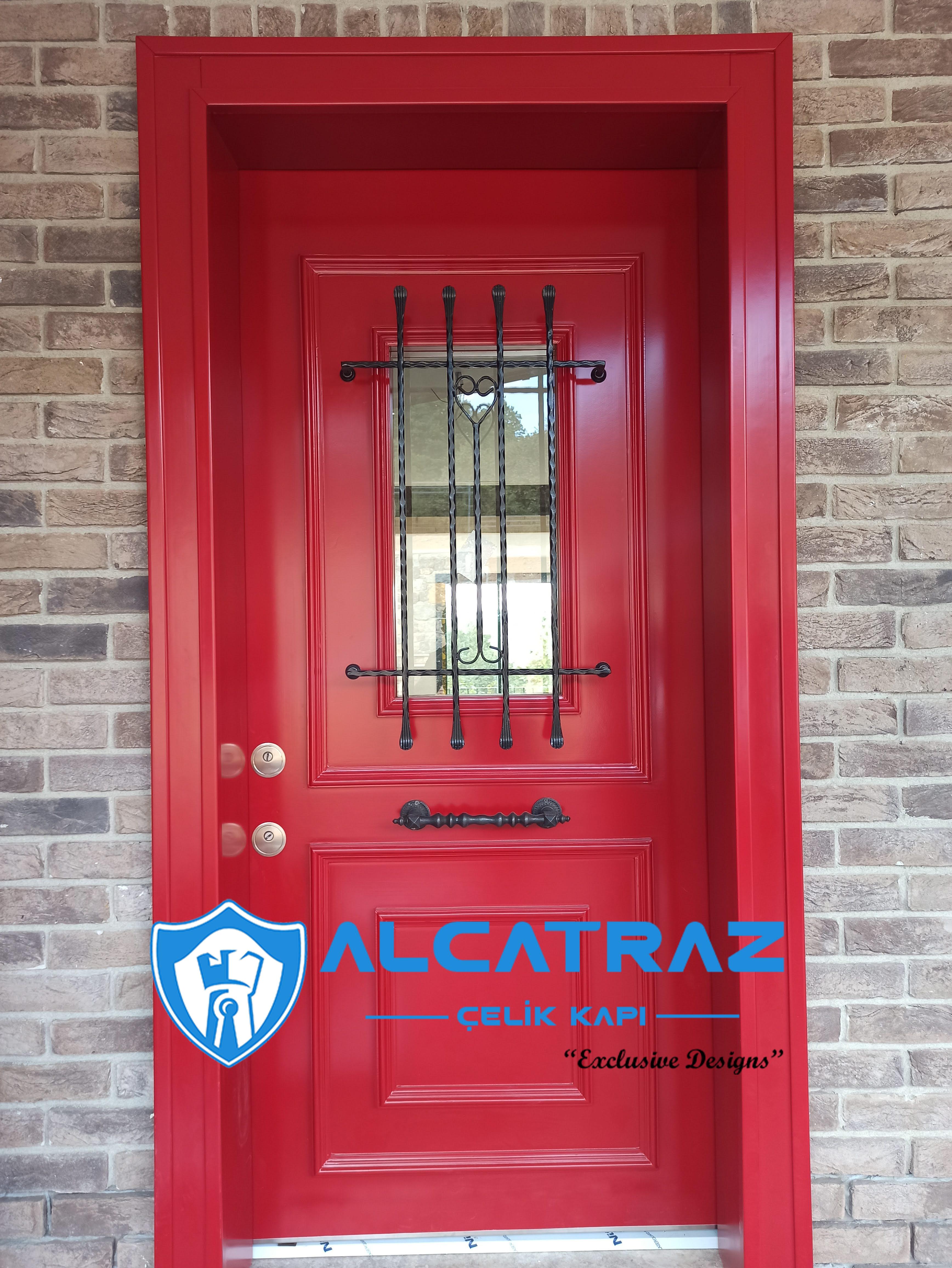 Kırmızı Çelik Kapı Villa Kapısı Klasik Özel Tasarım Kompozit Çelik Kapı Modelleri Alcatraz Çelik Kapı