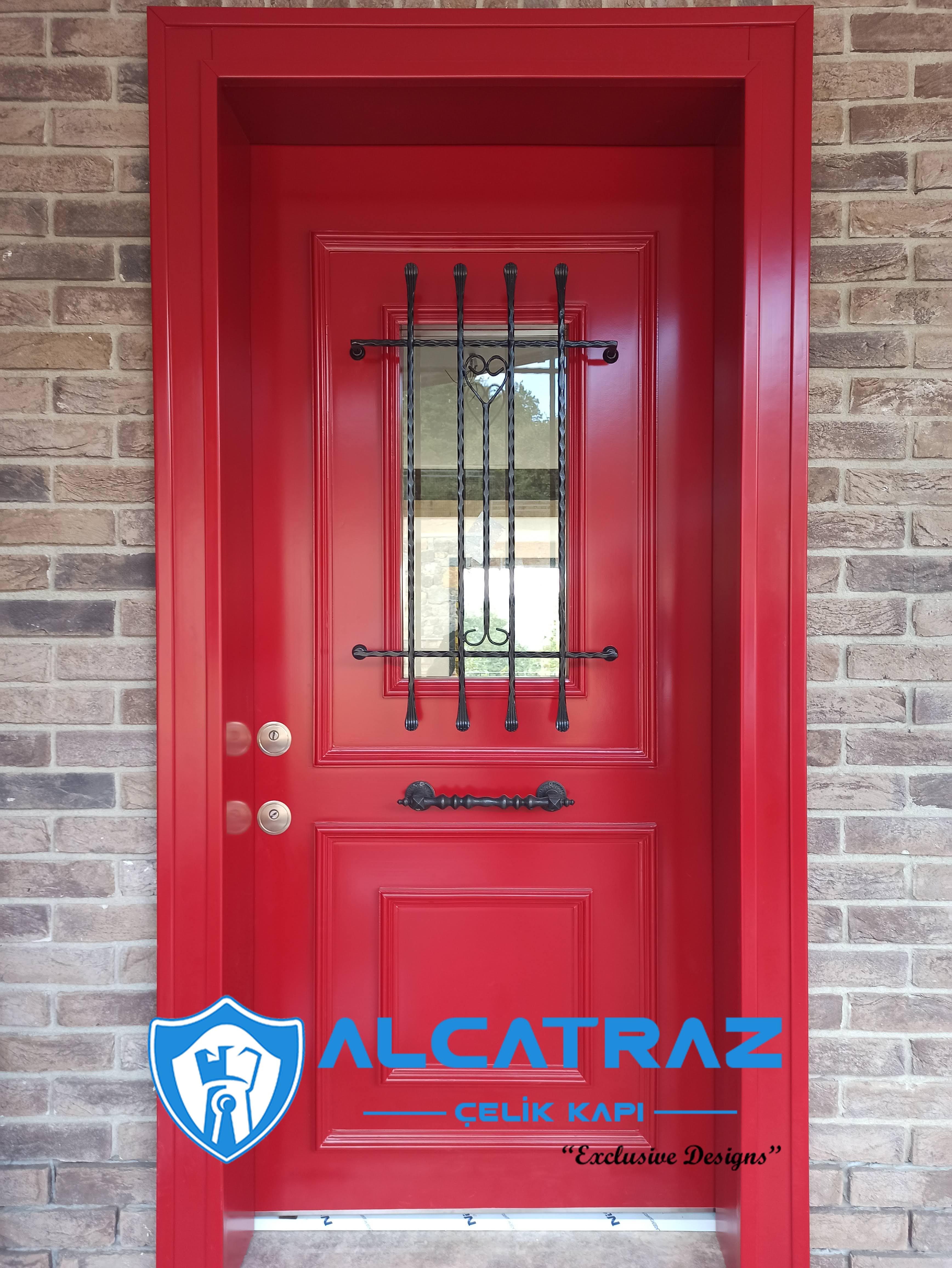 Kırmızı Klasik Çelik Kapı Villa Kapısı Klasik Özel Tasarım Kompozit Çelik Kapı Modelleri Alcatraz Çelik Kapı